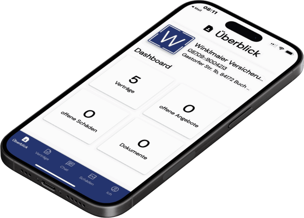Winklmaier App auf Smartphone mit Funktionen zur digitalen Schadenmeldung und Dokumentenverwaltung